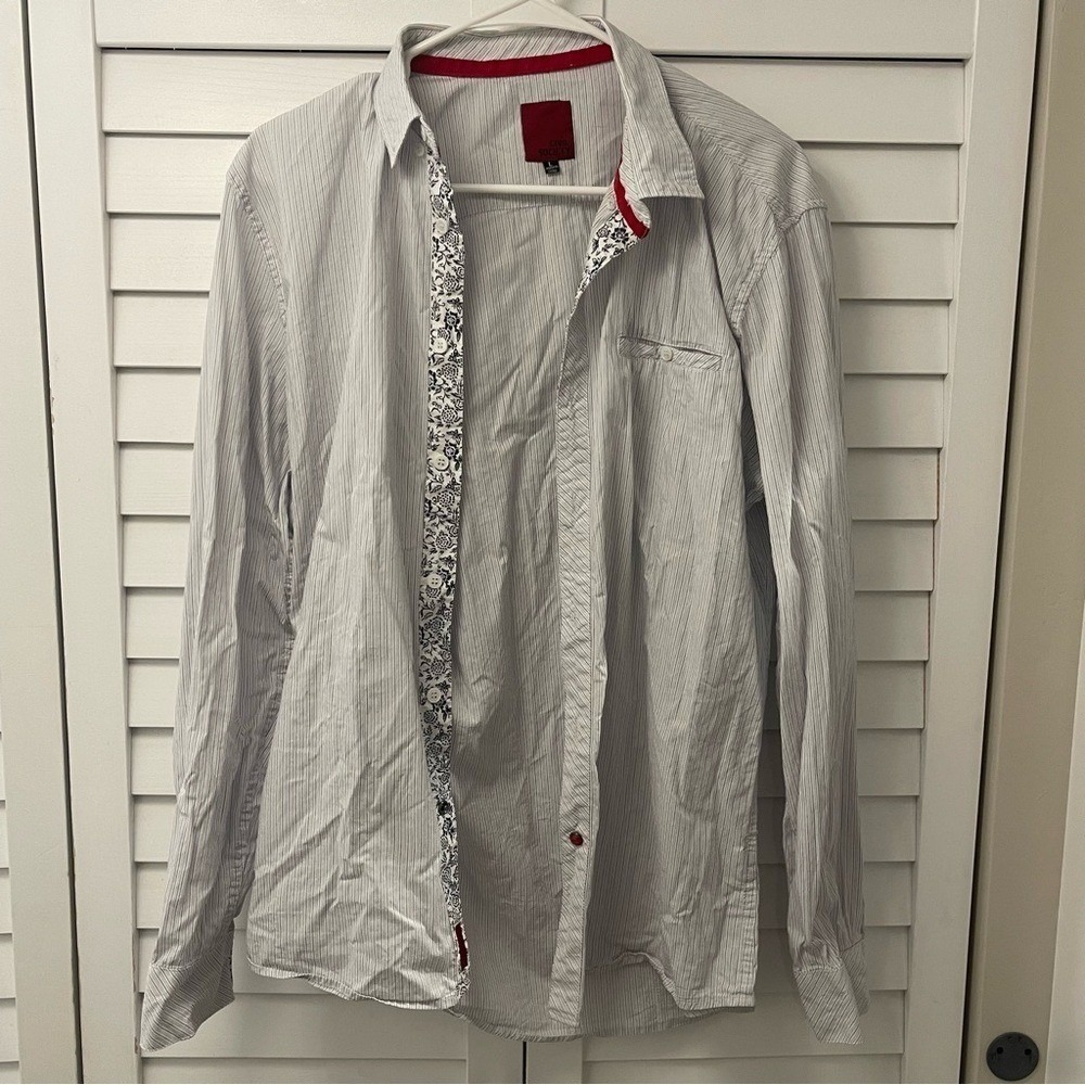 Civil Society Men's Large Shirt Slim Fit Button-Up Red Trim Floral Accent
